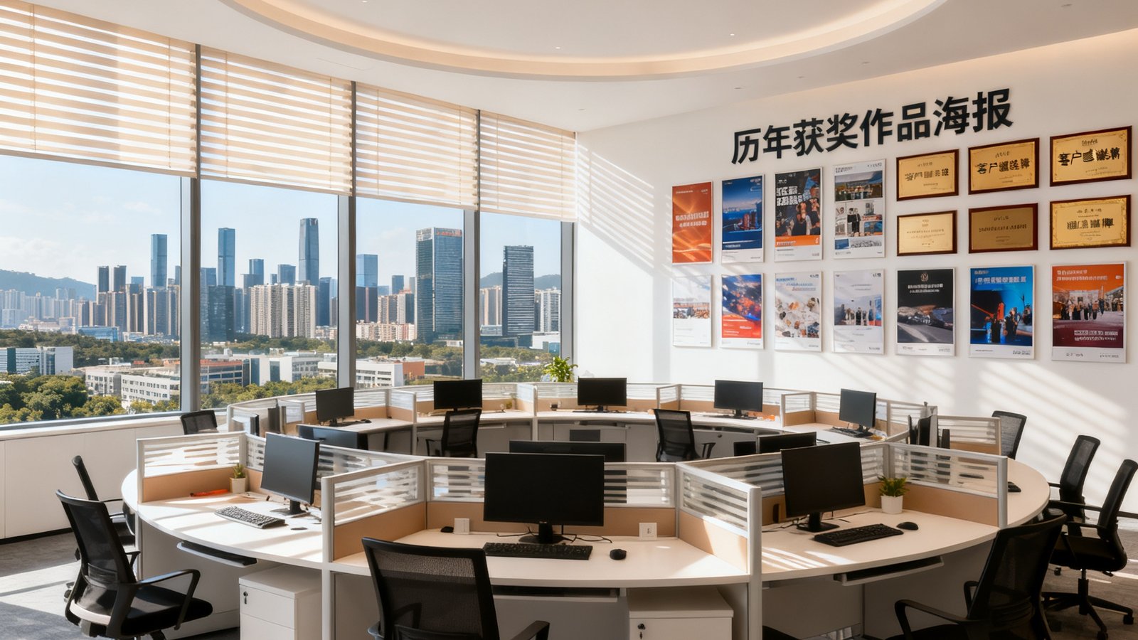 OG视讯深圳总部开放式办公区，42个工位呈环形布局，墙面上挂满了历年获奖作品海报与客户感谢铭牌，落地窗外是南山区科技园城市天际线，自然光透过百叶窗洒在工作站上。