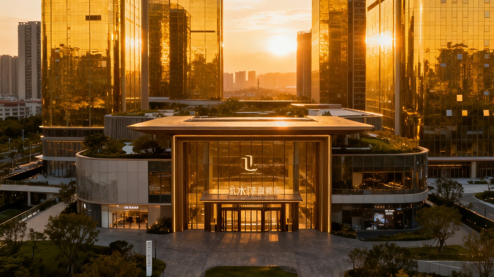 华润置地品牌宣传片画面：航拍视角掠过城市综合体建筑群，玻璃幕墙反射金色夕阳，镜头缓缓推进至主入口，展现建筑与自然融合的设计理念。