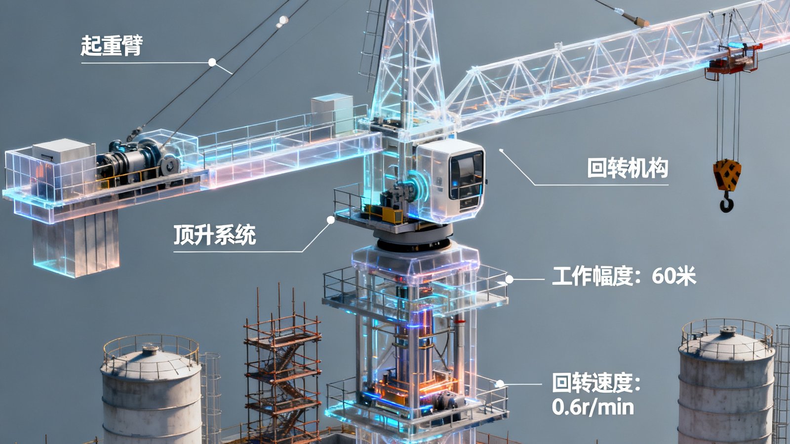 中联重科塔吊三维动画演示：巨大的塔吊在虚拟工地中旋转组装，半透明结构展示内部机械原理，标注文字精准指示关键部件的名称与参数。